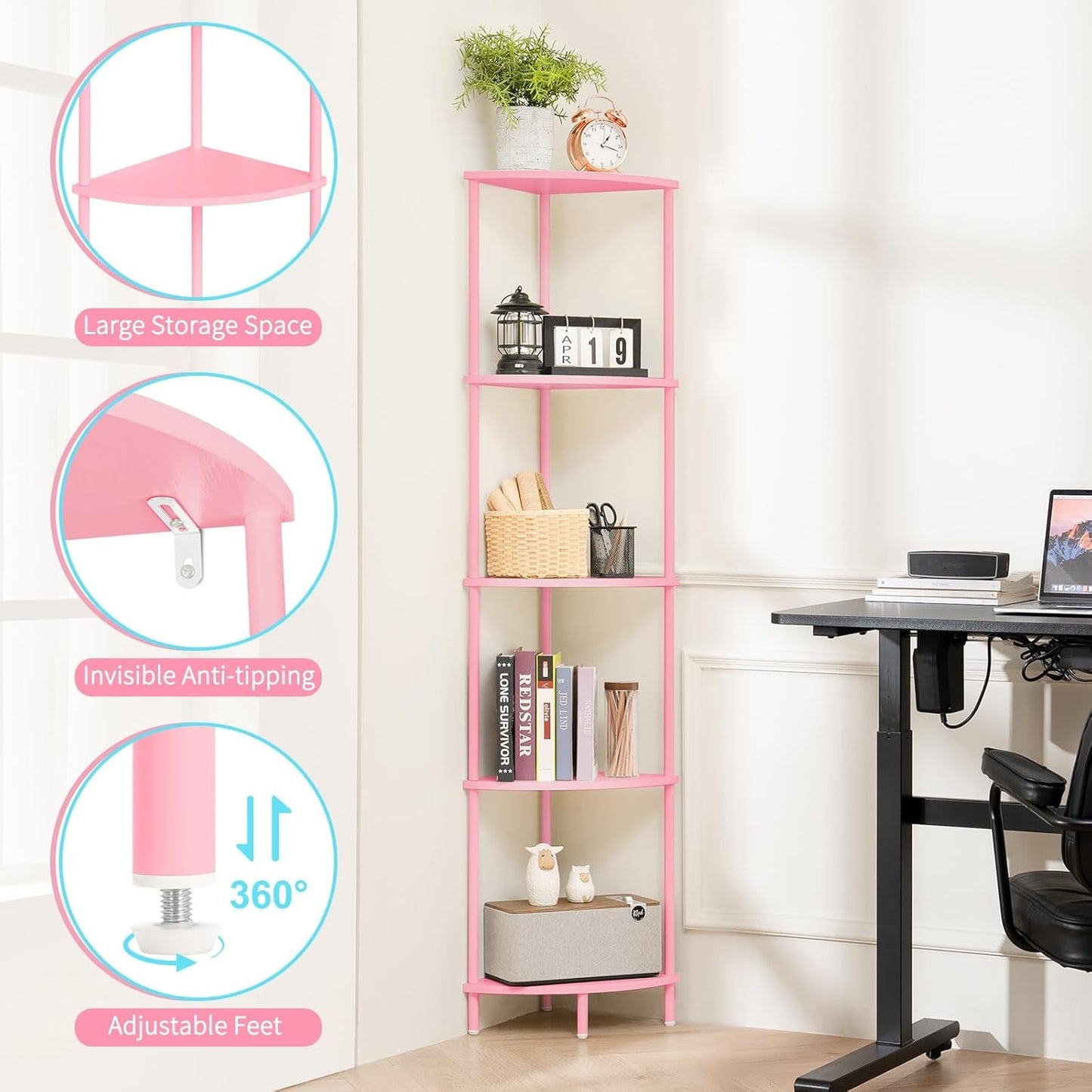Corner Shelf Stand, 5-Tier Corner Bookshelf, Tall Corner Shelves for