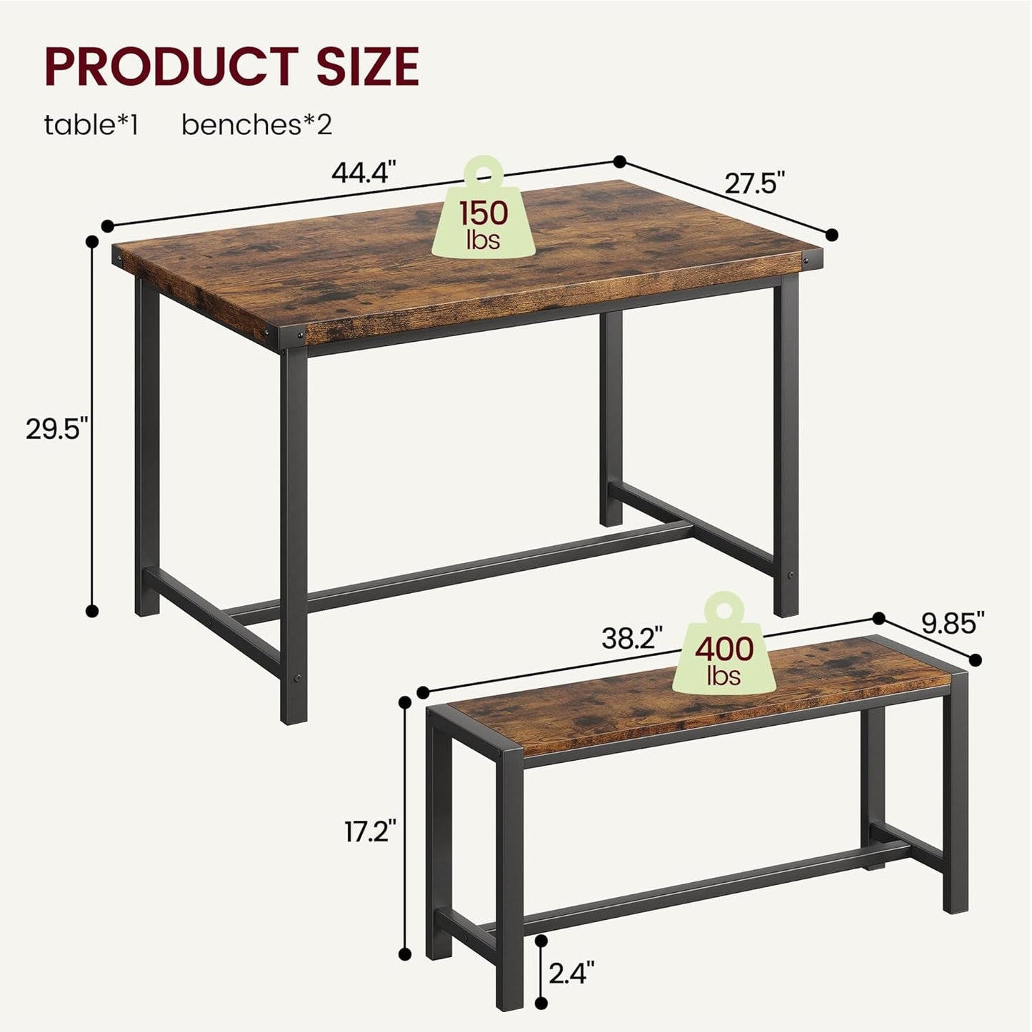 Dining Table Set for 4, Kitchen Table with Benches, Rectangular Dining