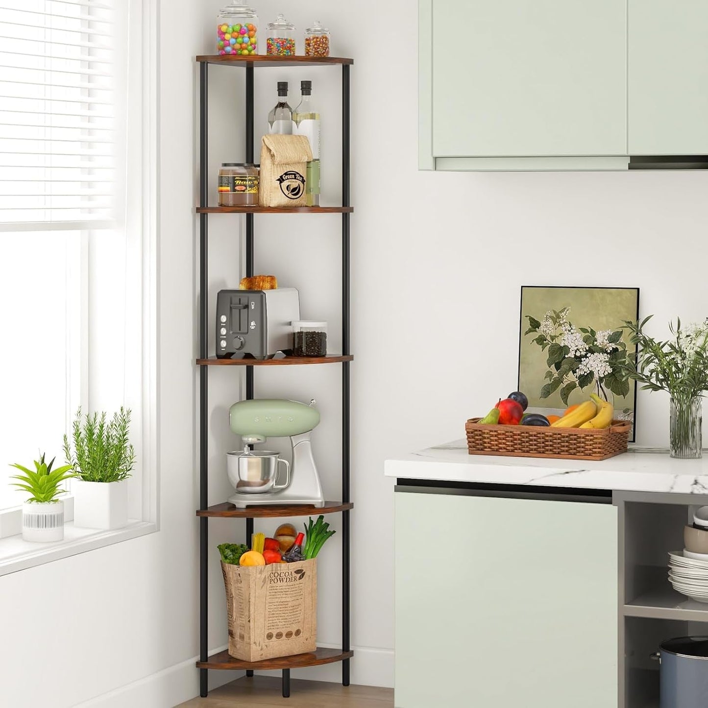 Corner Shelf Stand, 5-Tier Corner Bookshelf, Tall Corner Shelves for