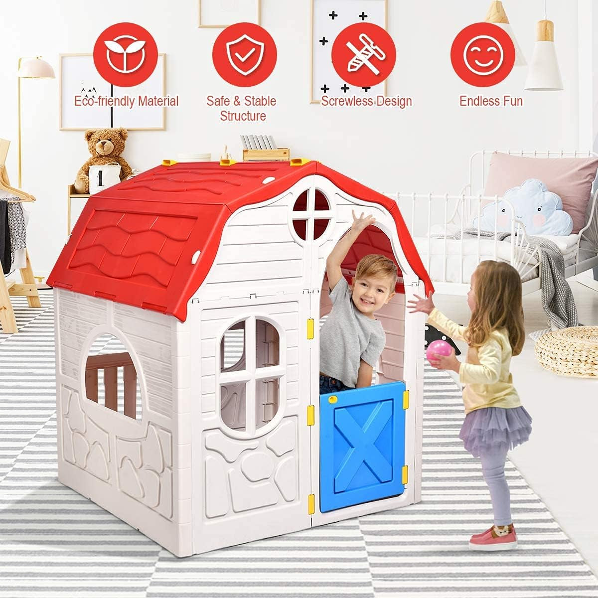Foldable Kids Playhouse, Indoor & Outdoor Cottage Toy House for