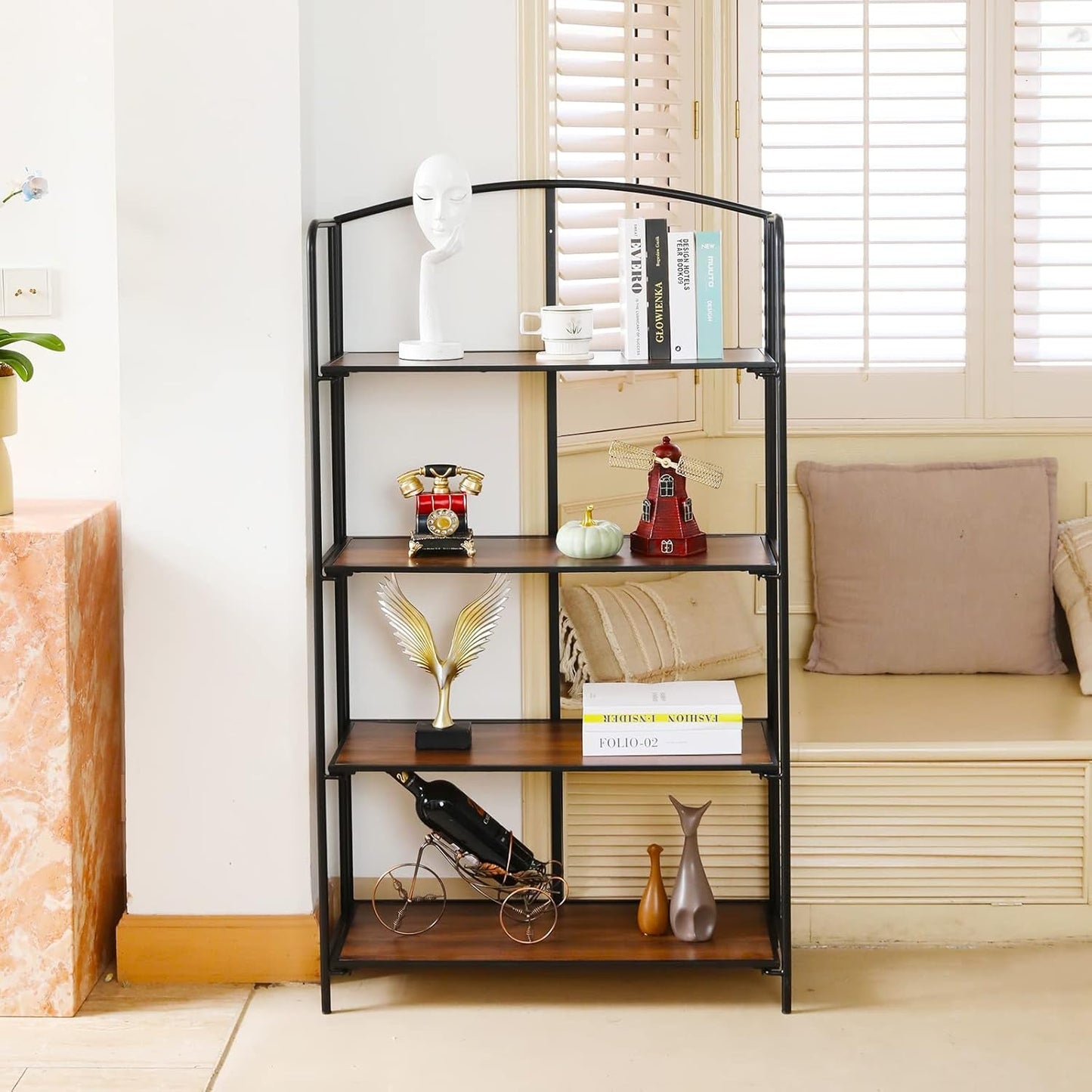 No Assembly Folding Bookshelf for Living Room, 4 Tier Black