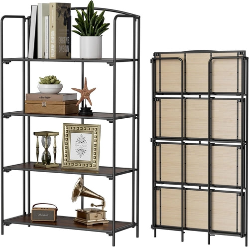 No Assembly Folding Bookshelf for Living Room, 4 Tier Black