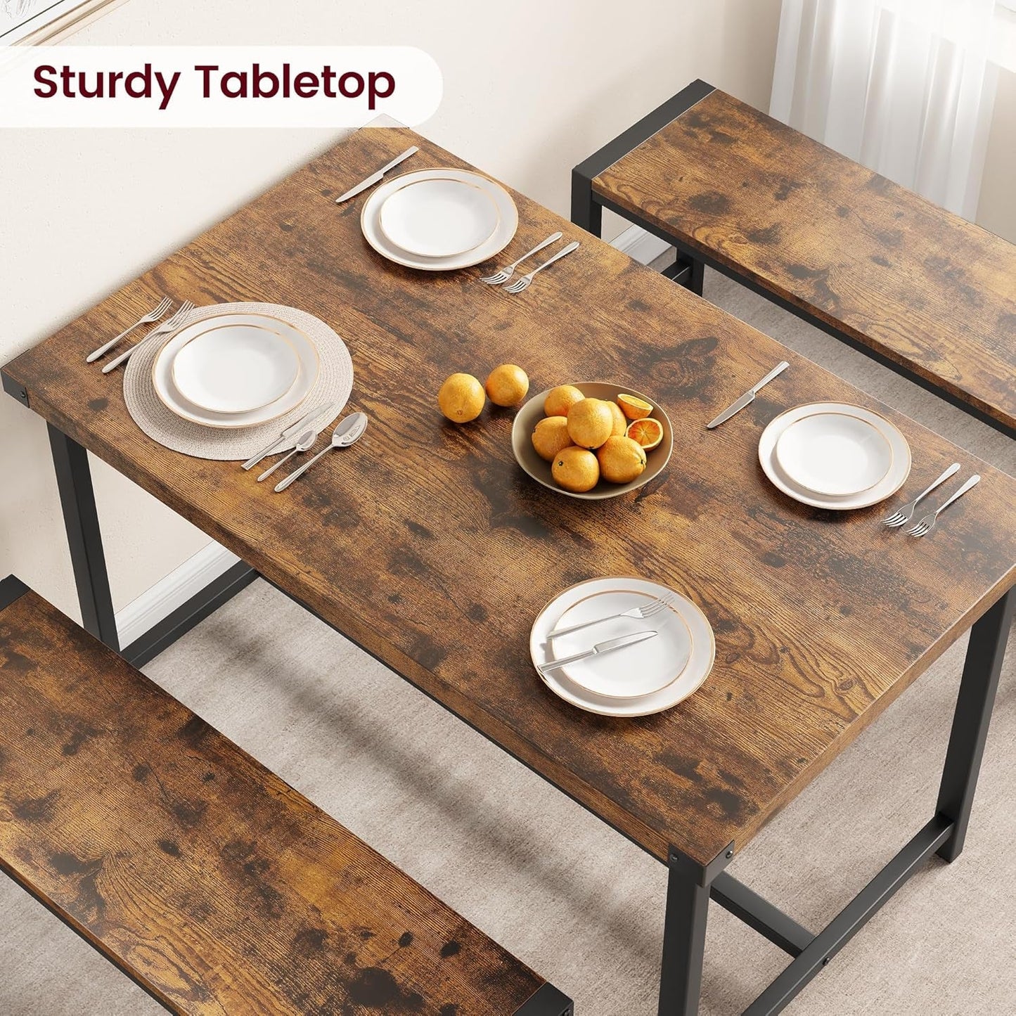 Dining Table Set for 4, Kitchen Table with Benches, Rectangular Dining
