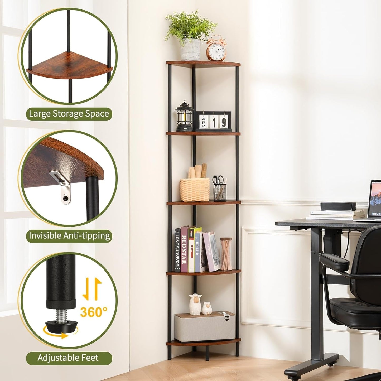 Corner Shelf Stand, 5-Tier Corner Bookshelf, Tall Corner Shelves for