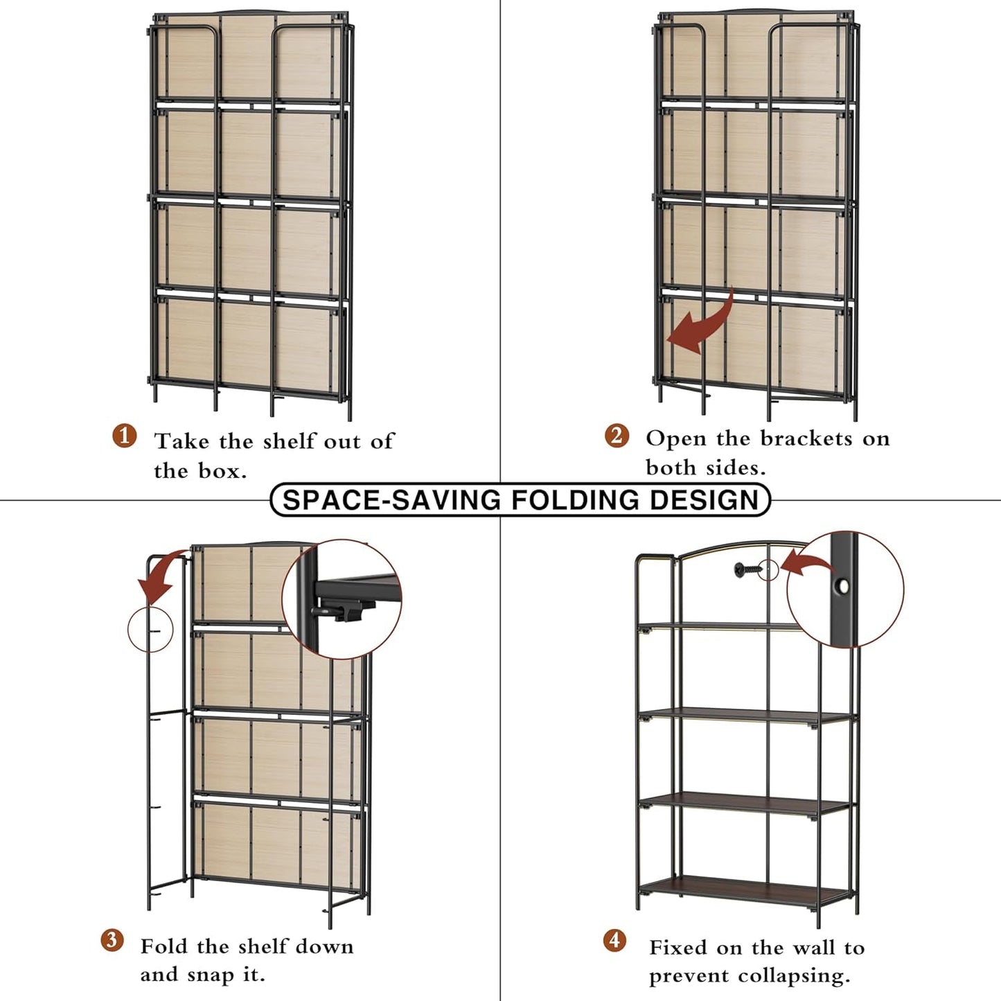 No Assembly Folding Bookshelf for Living Room, 4 Tier Black