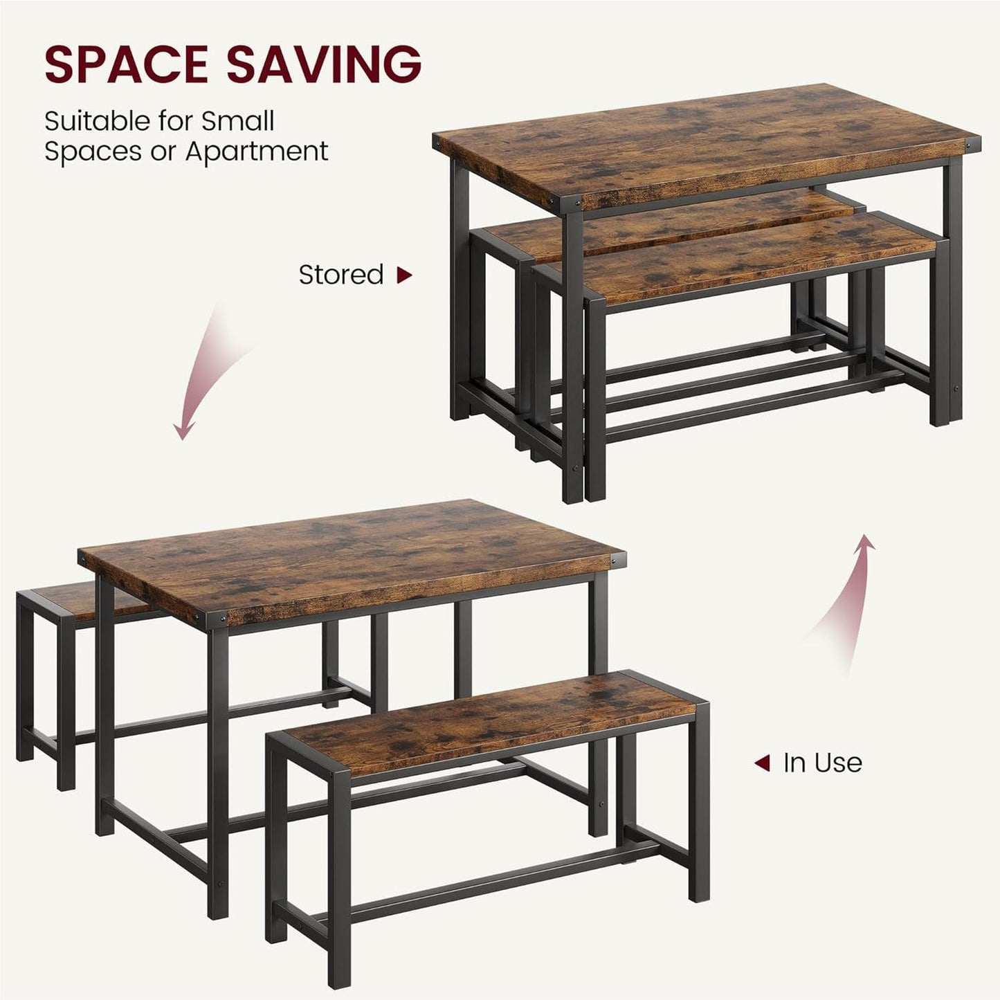 Dining Table Set for 4, Kitchen Table with Benches, Rectangular Dining