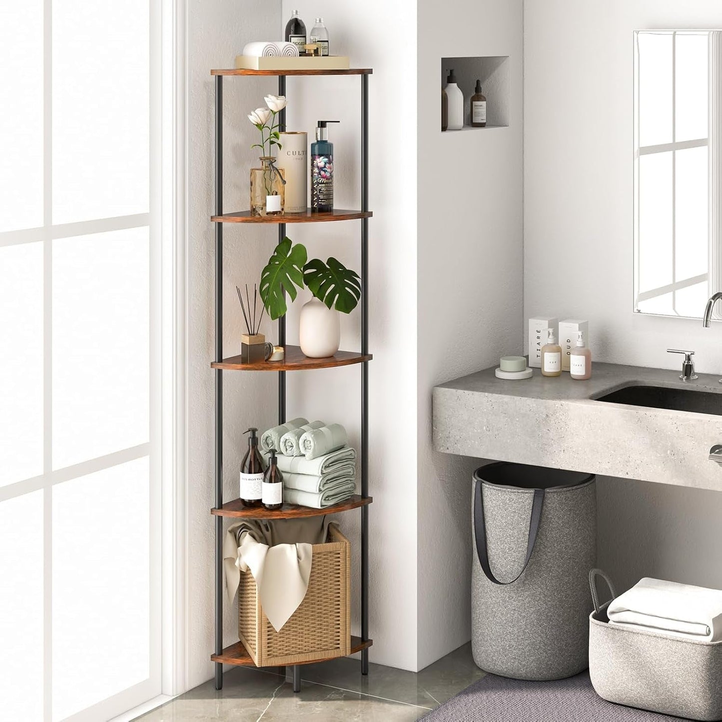 Corner Shelf Stand, 5-Tier Corner Bookshelf, Tall Corner Shelves for
