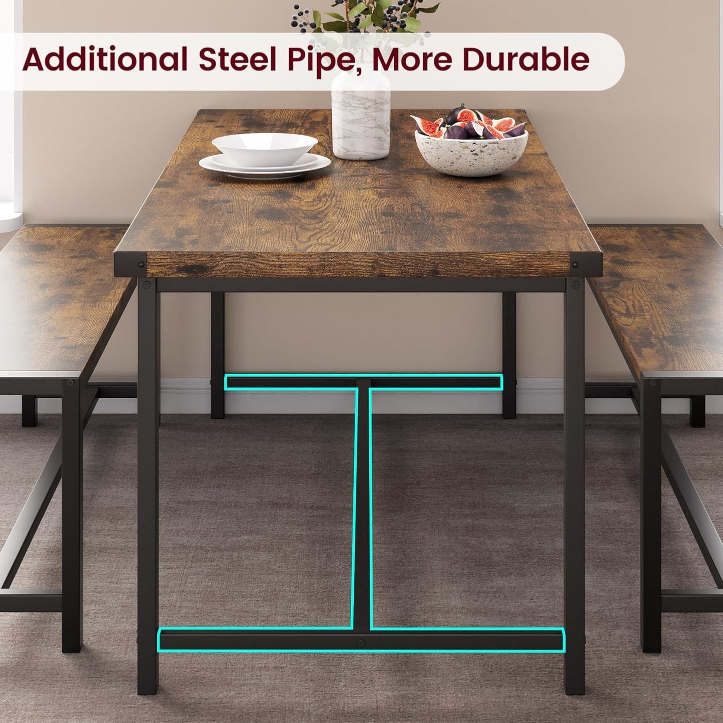 Dining Table Set for 4, Kitchen Table with Benches, Rectangular Dining