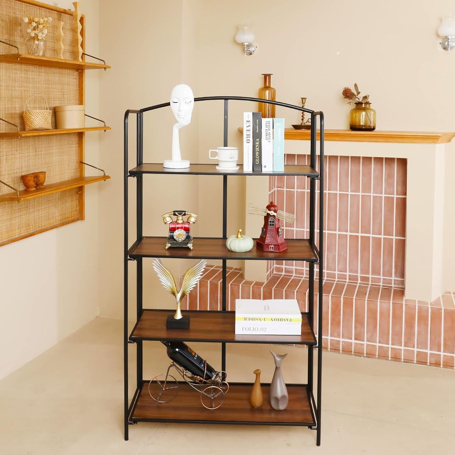 No Assembly Folding Bookshelf for Living Room, 4 Tier Black