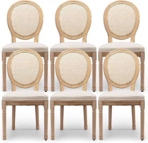 Rattan Back Upholstered Dining Chairs Set of 6 French Country Oval