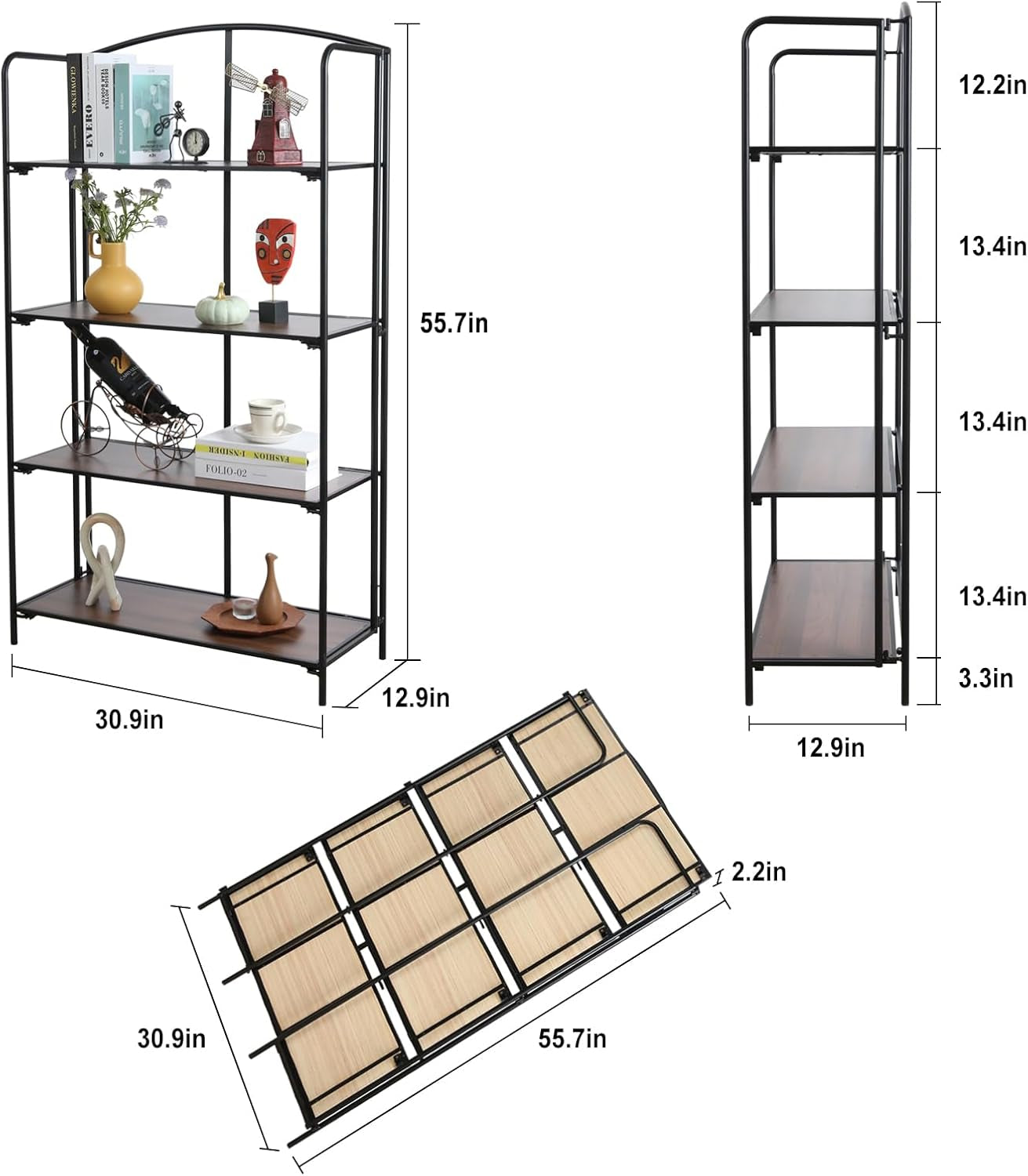 No Assembly Folding Bookshelf for Living Room, 4 Tier Black