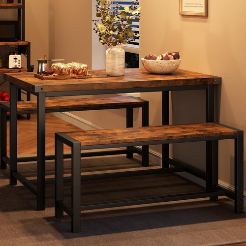 Dining Table Set for 4, Kitchen Table with Benches, Rectangular Dining