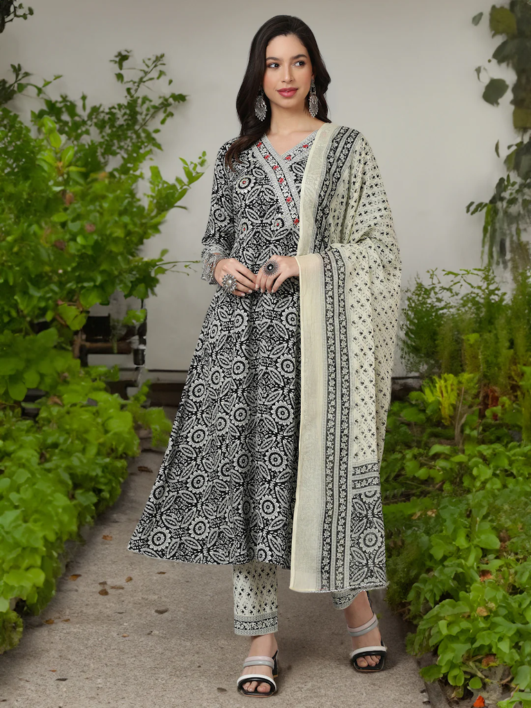 Floral Printed Anarkali Kurta with Trousers & Dupatta For Women Size