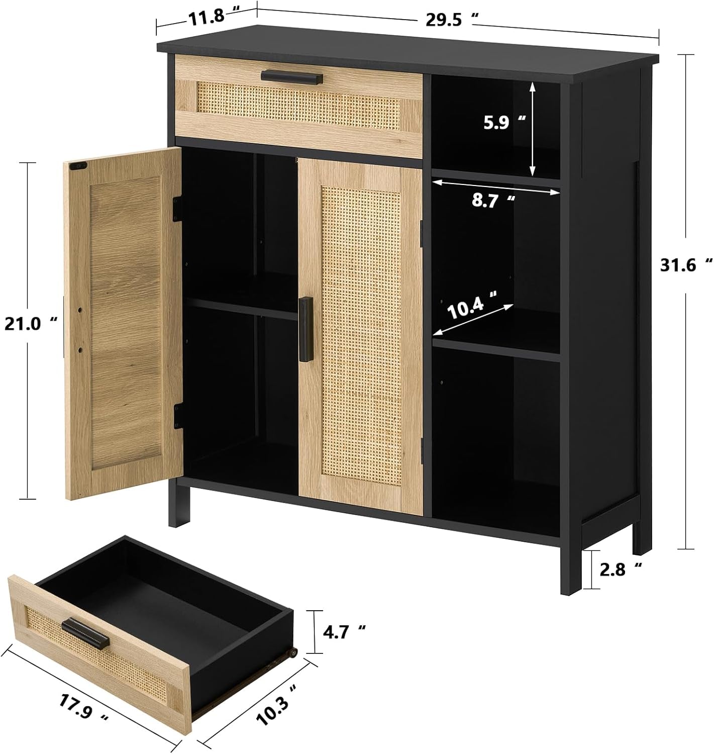 Rattan Cabinet, Boho Storage Storage with Rattan Doors, Buffet Cabinet