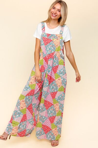 Haptics Wide Leg Overalls with Pockets - Full Size Printed Design and