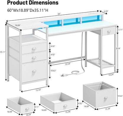 White Computer Desk with 4 Drawers, 60" Long Office Desk with Fabric