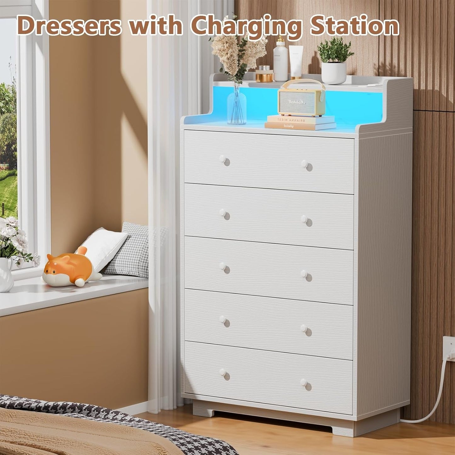 Tall Chest of Drawers with LED Light and Charging Station