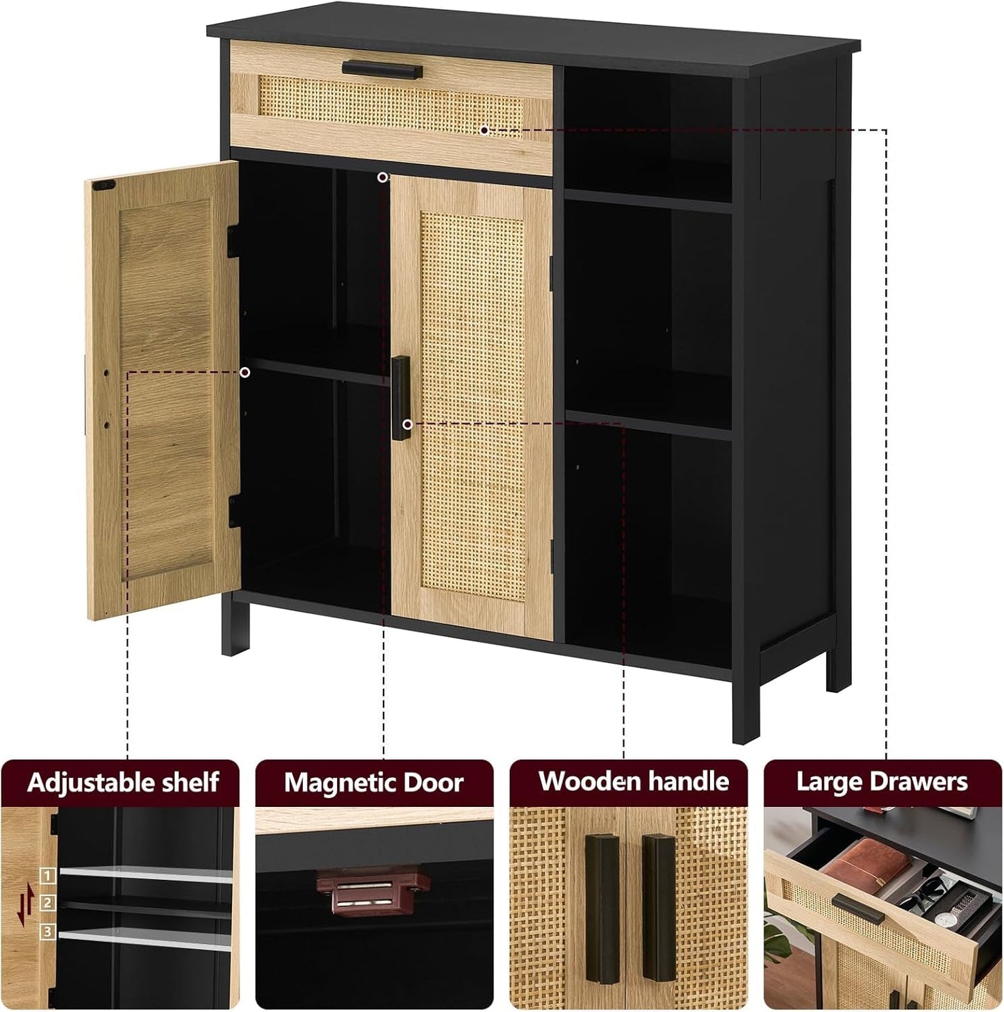 Rattan Cabinet, Boho Storage Storage with Rattan Doors, Buffet Cabinet