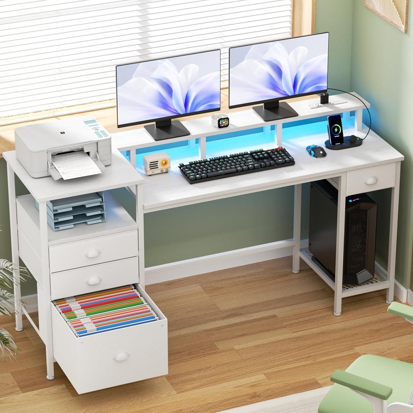 White Computer Desk with 4 Drawers, 60" Long Office Desk with Fabric