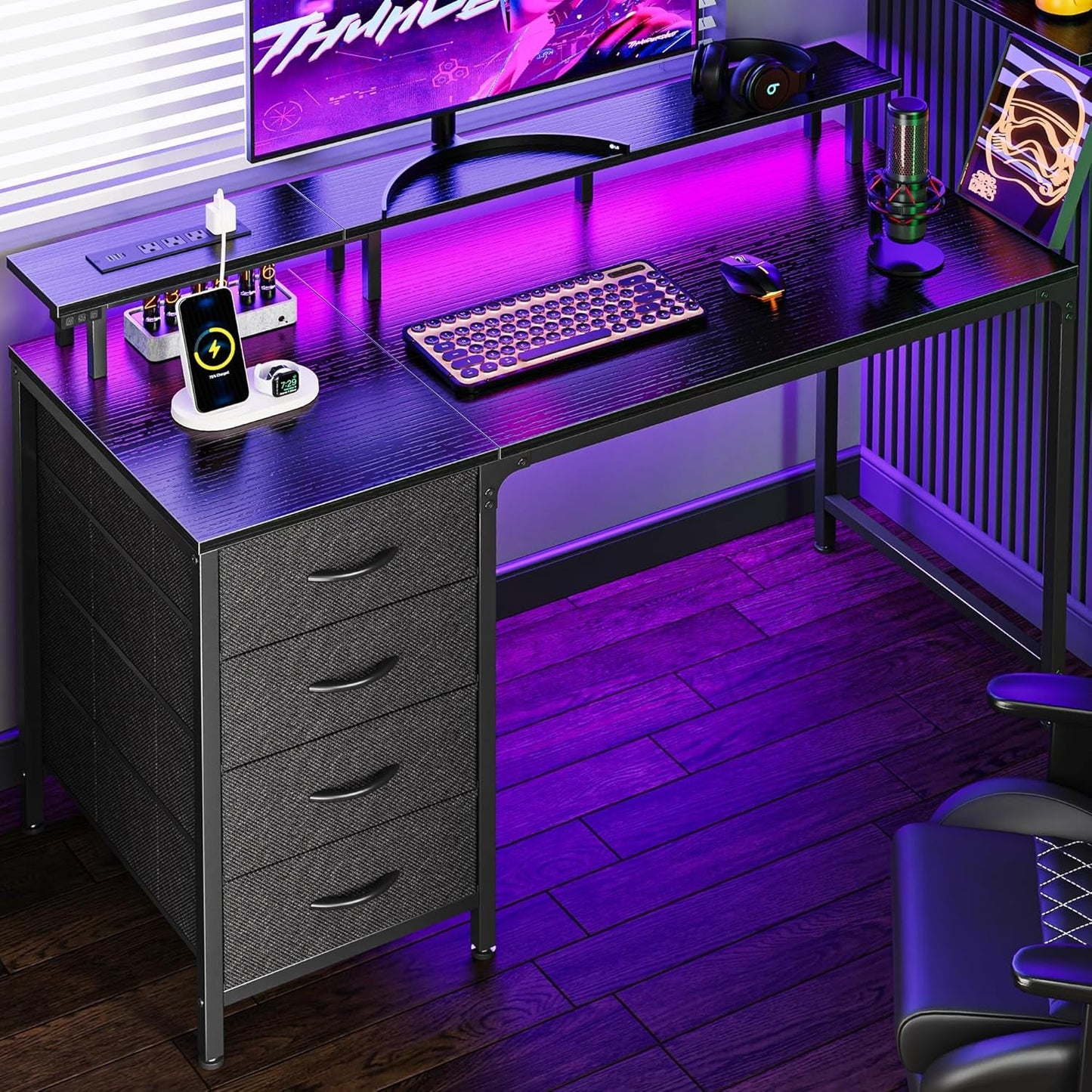 47 Inch Computer Desk with Power Outlets and LED Lights, Gaming Desk