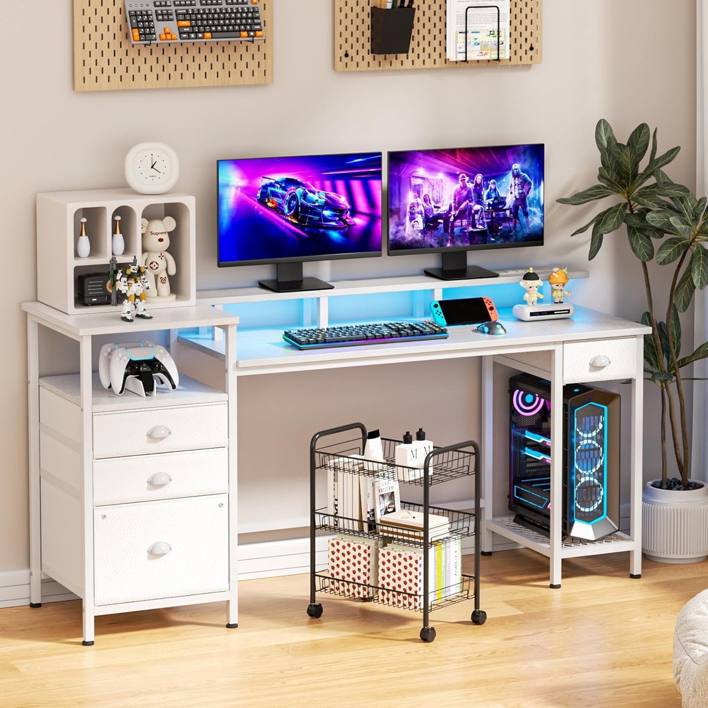 White Computer Desk with 4 Drawers, 60" Long Office Desk with Fabric