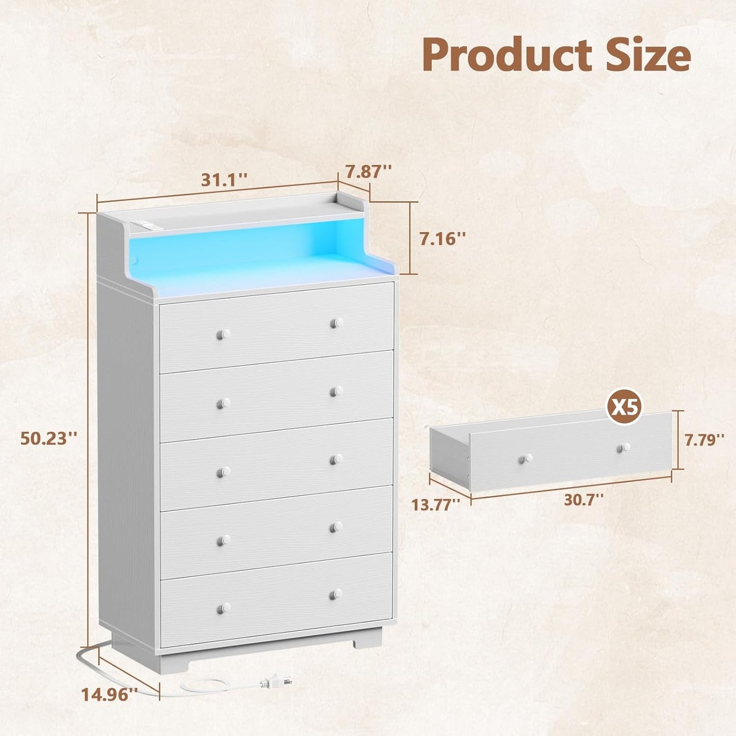 Tall Chest of Drawers with LED Light and Charging Station