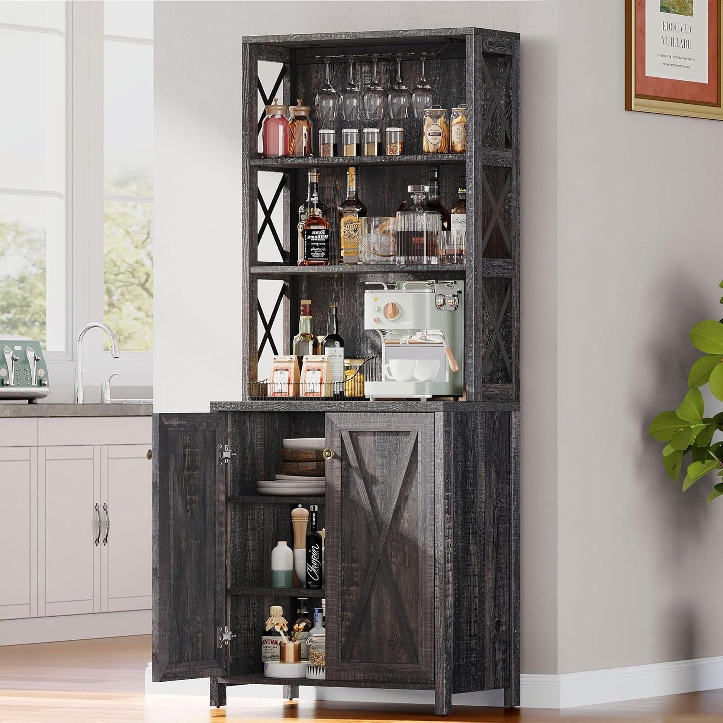 67" Tall Wine Bar Cabinet for Liquor and Glasses, Farmhouse Kitchen