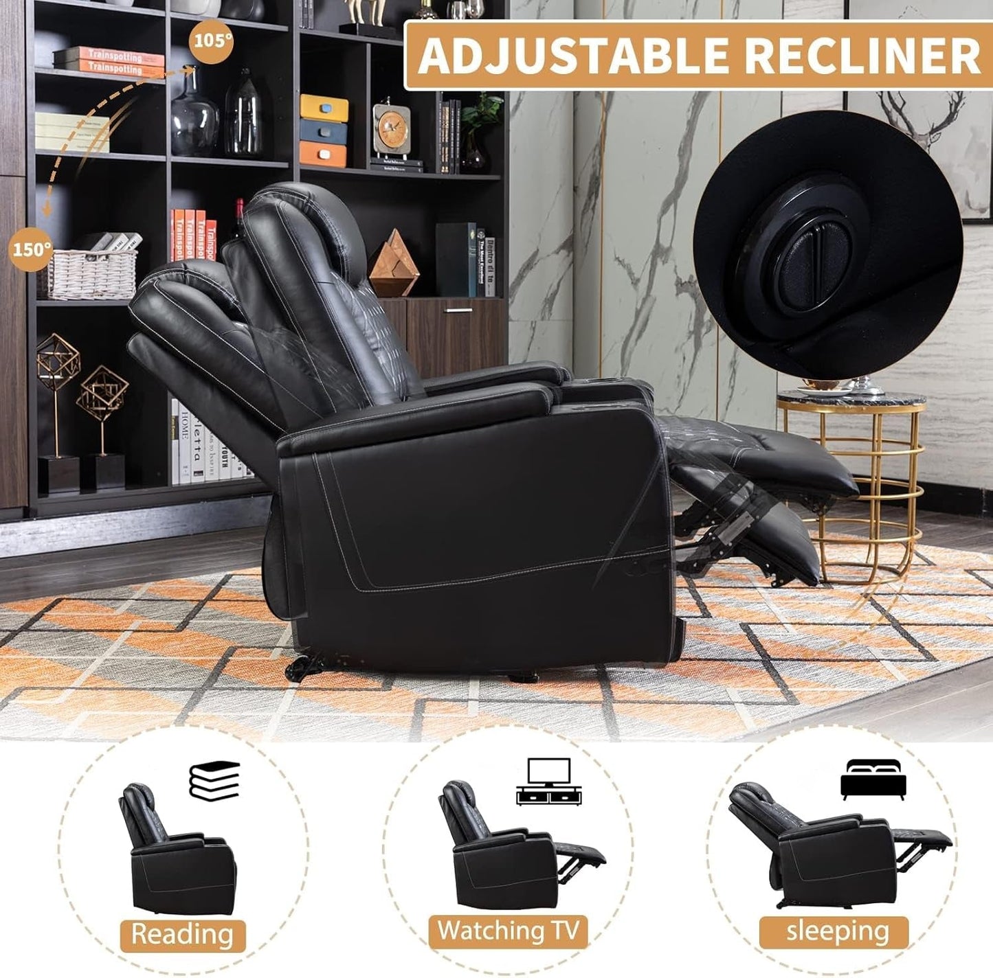 Black Power Recliner with USB, Cup Holders, Storage