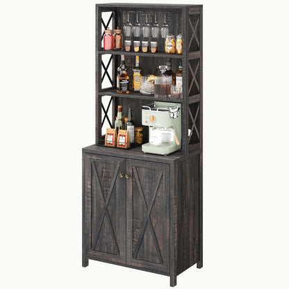 67" Tall Wine Bar Cabinet for Liquor and Glasses, Farmhouse Kitchen