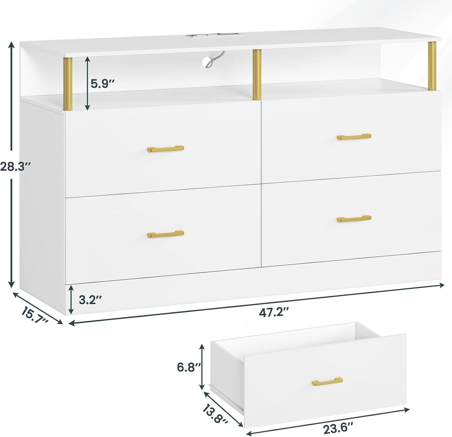 Modern White Dresser with Charging Station and LED Lights