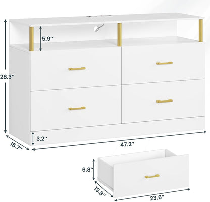 Modern White Dresser with Charging Station and LED Lights