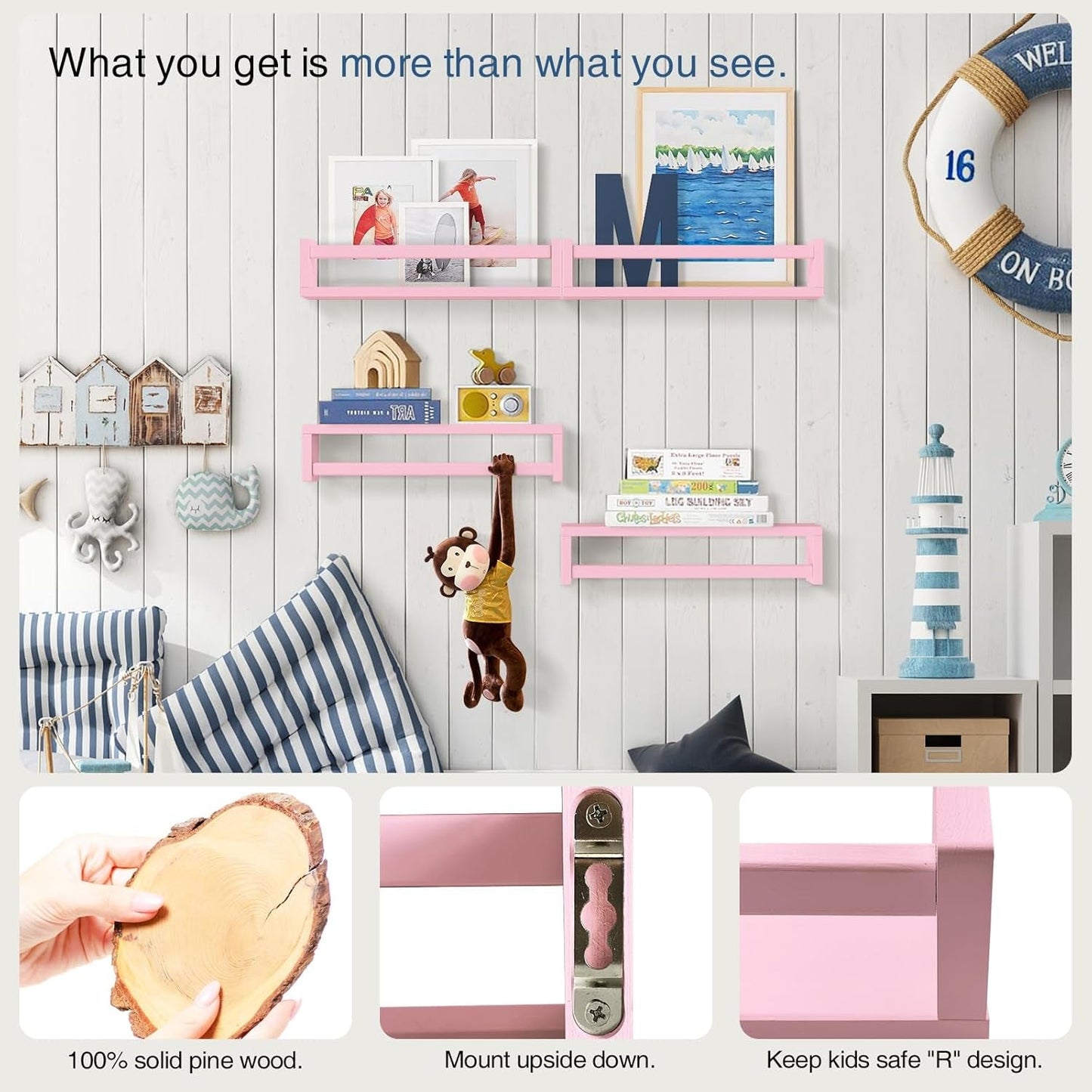 Pink Floating Shelves for Wall, Aesthetic Wall Bookshelf for Girls