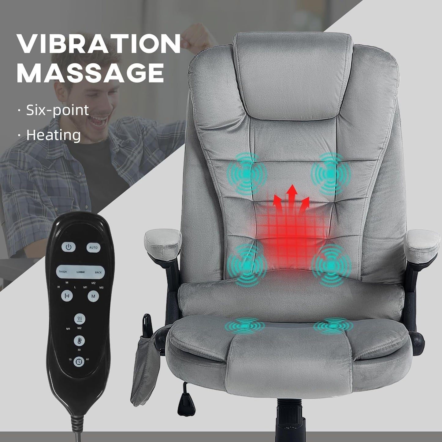 6 Point Vibrating Massage Office Chair with Heat, Velvet High Back