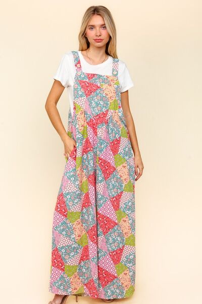 Haptics Wide Leg Overalls with Pockets - Full Size Printed Design and