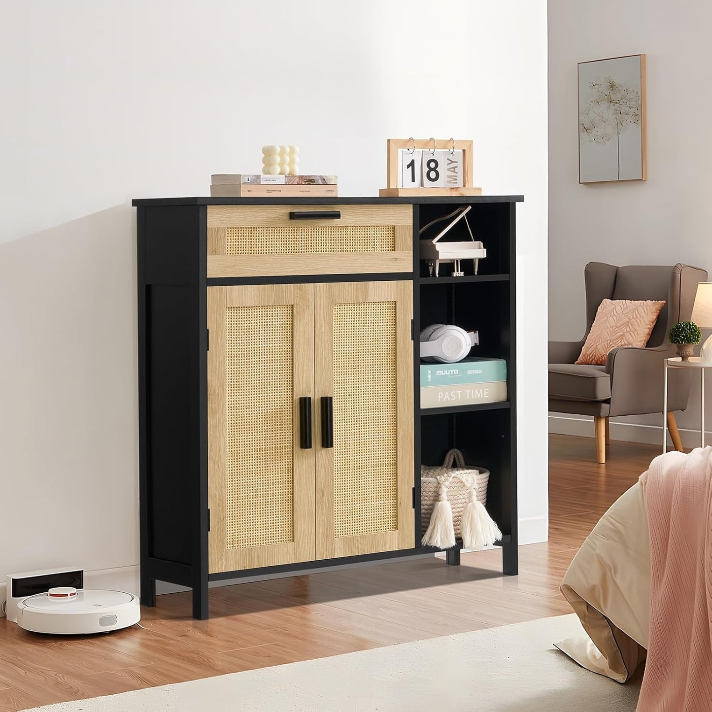 Rattan Cabinet, Boho Storage Storage with Rattan Doors, Buffet Cabinet