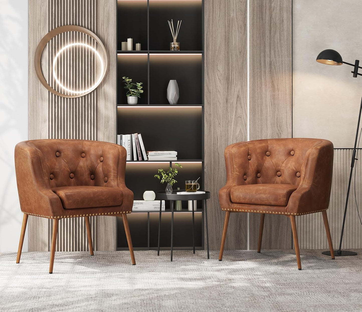 Modern Accent Chair, PU Leather Retro Armchair, Upholstered Barrel