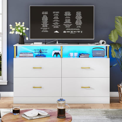 Modern White Dresser with Charging Station and LED Lights