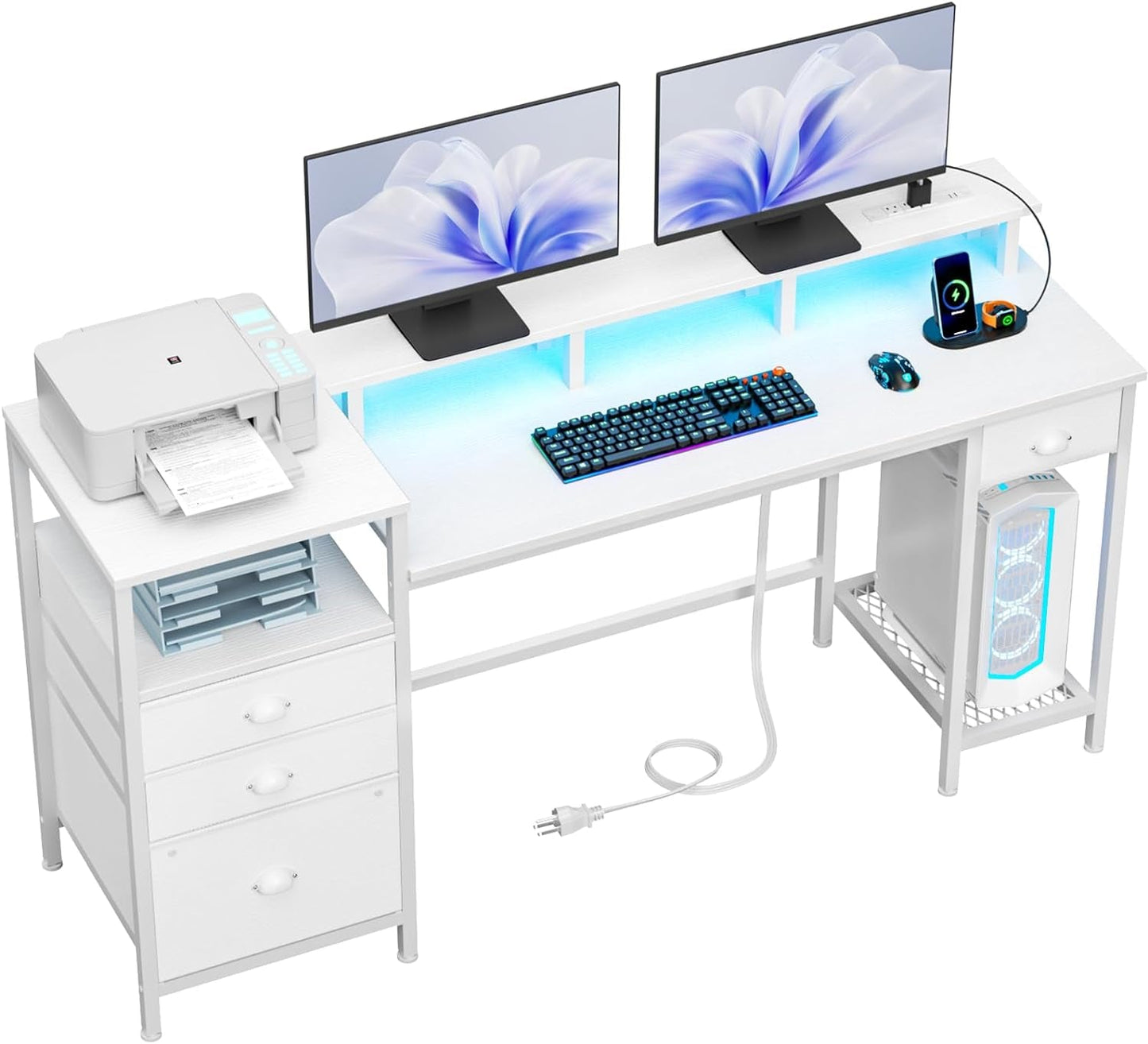 White Computer Desk with 4 Drawers, 60" Long Office Desk with Fabric