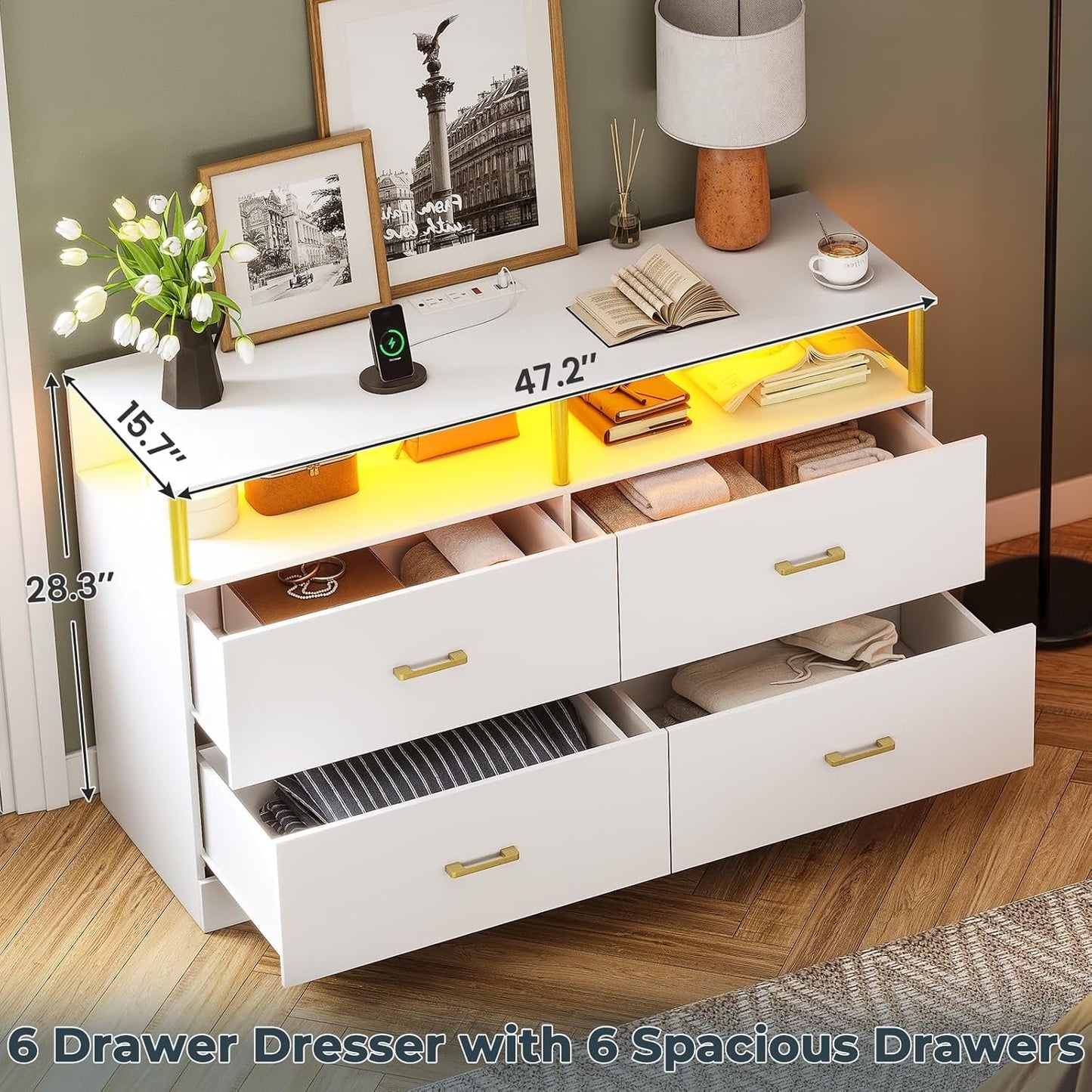 Modern White Dresser with Charging Station and LED Lights