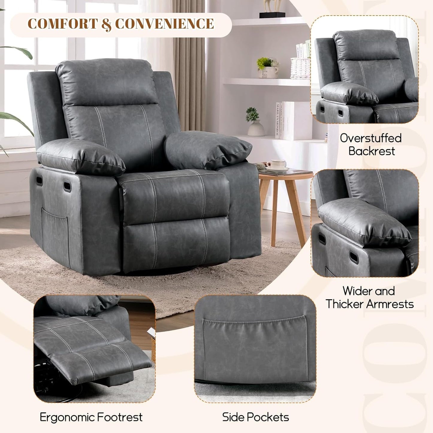 Recliner Chair, 360 Degree Swivel Rocking Chair with Massage and Heat,