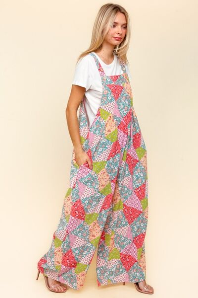 Haptics Wide Leg Overalls with Pockets - Full Size Printed Design and