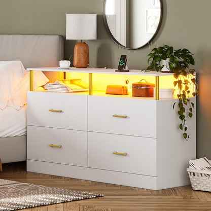 Modern White Dresser with Charging Station and LED Lights