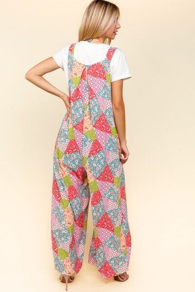 Haptics Wide Leg Overalls with Pockets - Full Size Printed Design and