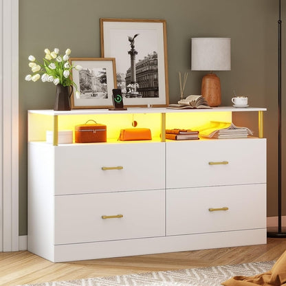 Modern White Dresser with Charging Station and LED Lights