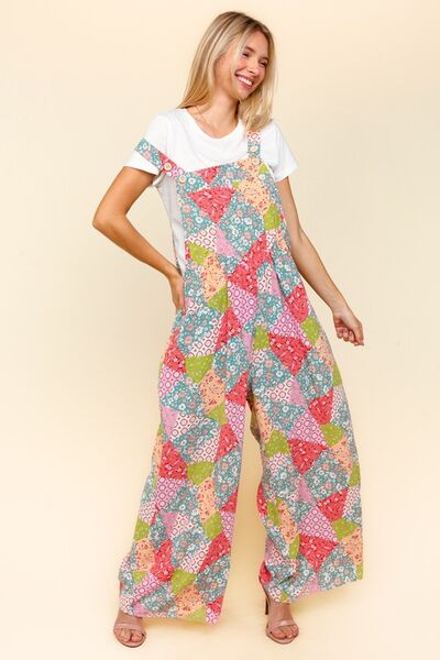 Haptics Wide Leg Overalls with Pockets - Full Size Printed Design and