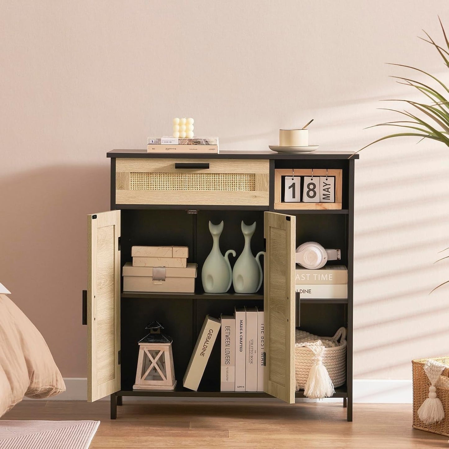 Rattan Cabinet, Boho Storage Storage with Rattan Doors, Buffet Cabinet