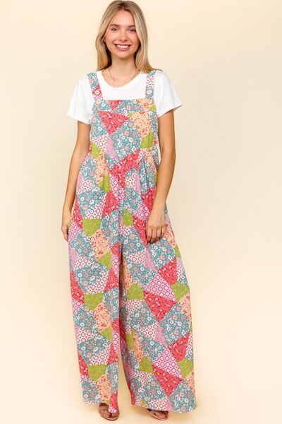 Haptics Wide Leg Overalls with Pockets - Full Size Printed Design and