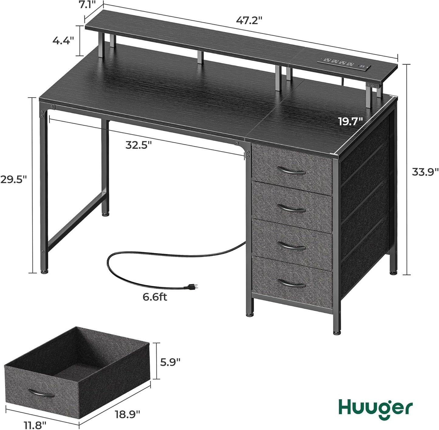 47 Inch Computer Desk with Power Outlets and LED Lights, Gaming Desk