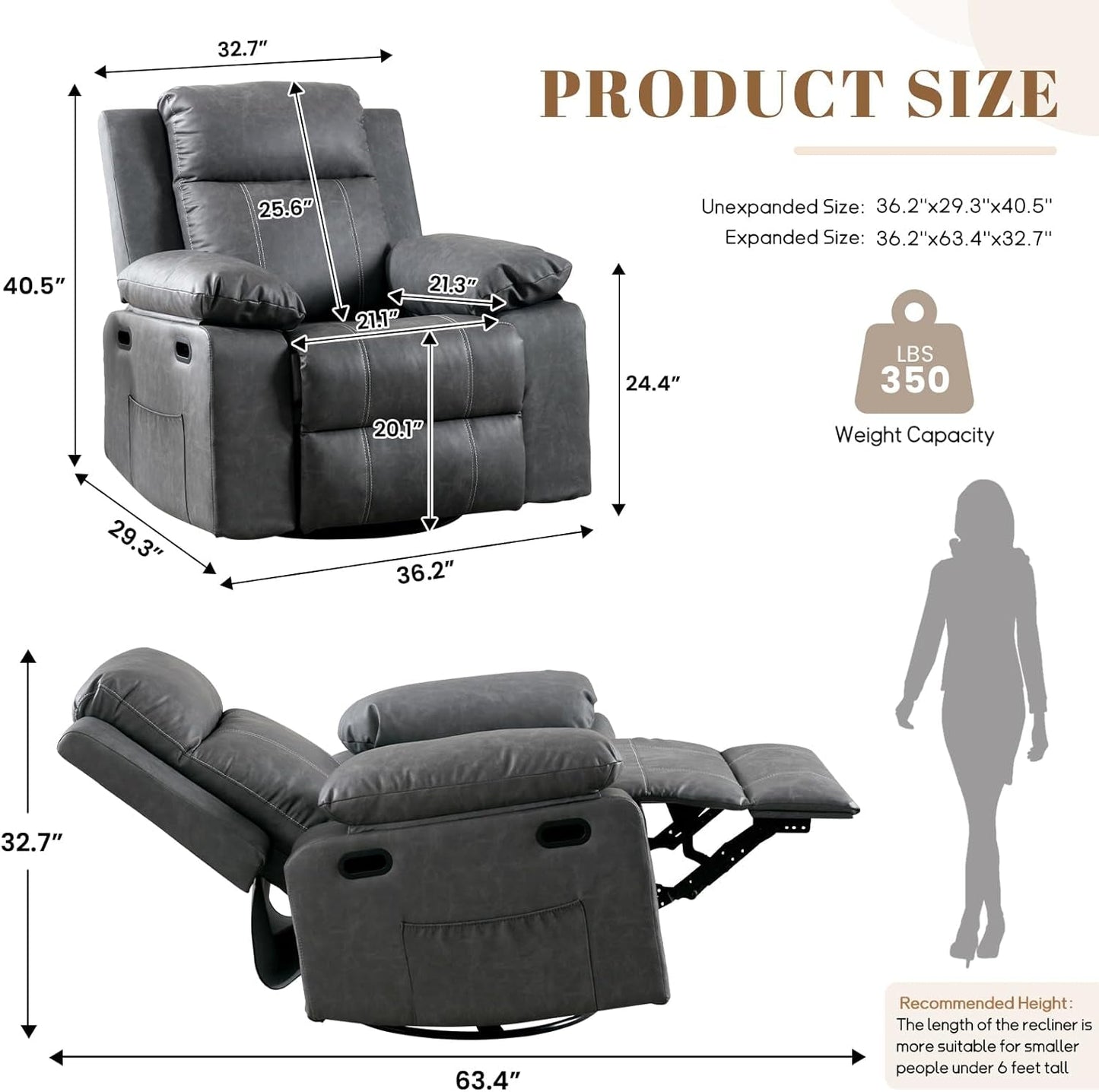 Recliner Chair, 360 Degree Swivel Rocking Chair with Massage and Heat,